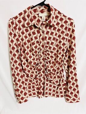 By Design Ruched Front Button-Down Shirt in Red/Cream